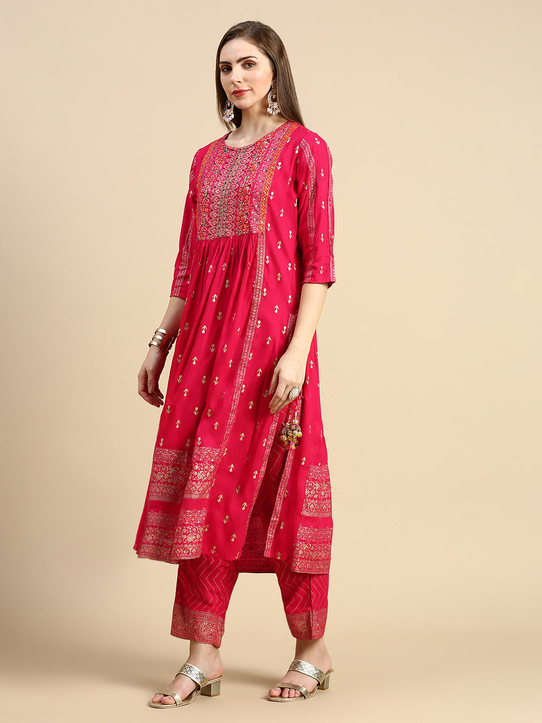 Women Floral Pink A-Line Kurta Set with Dupatta