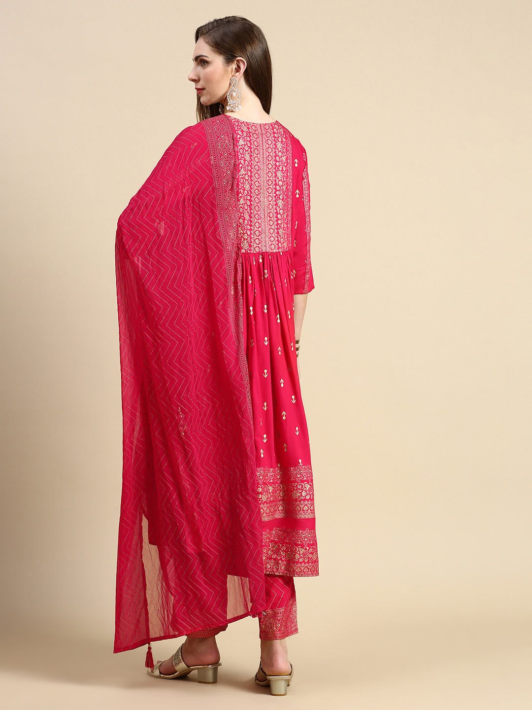 Women Floral Pink A-Line Kurta Set with Dupatta