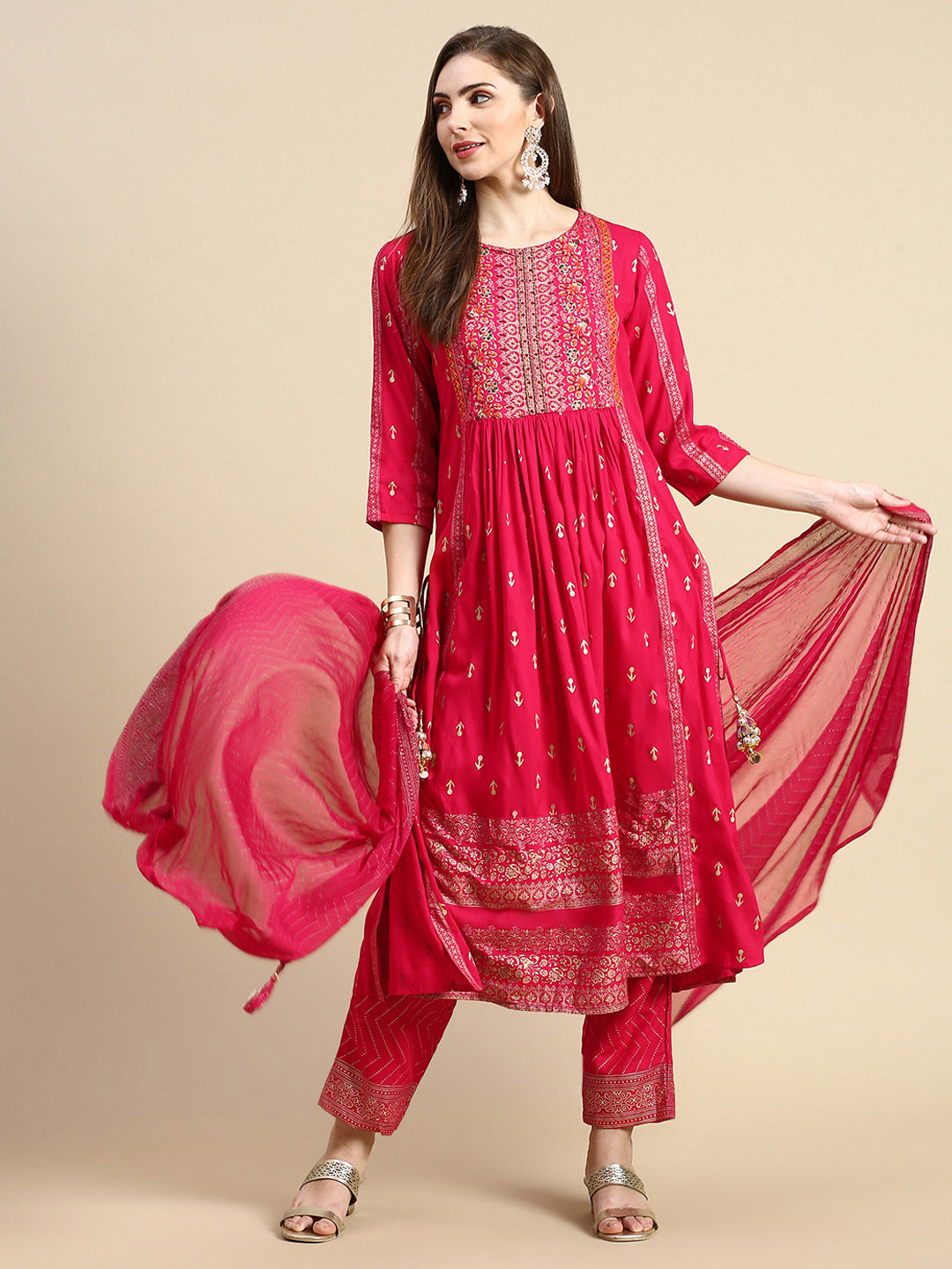 Women Floral Pink A-Line Kurta Set with Dupatta