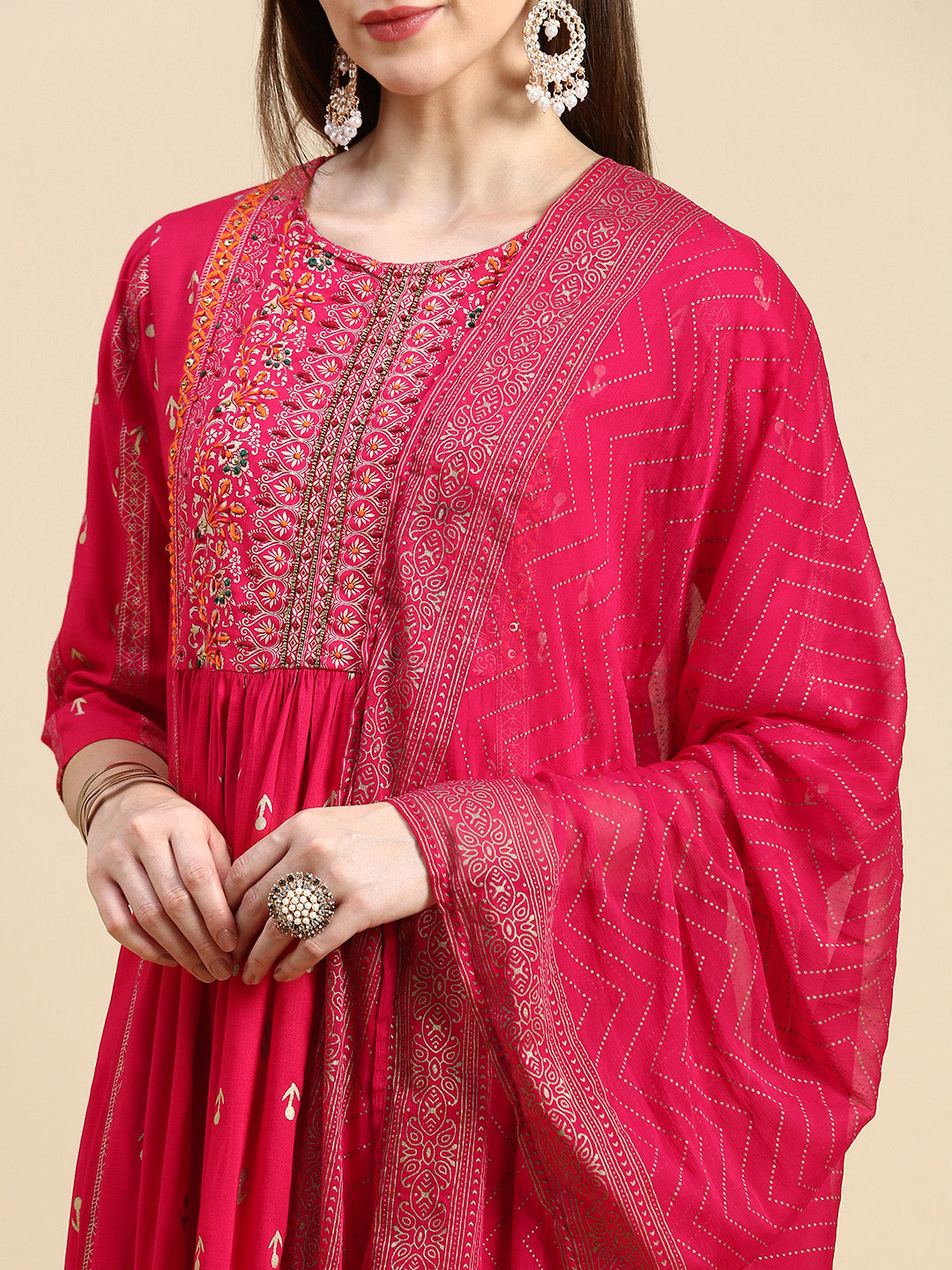 Women Floral Pink A-Line Kurta Set with Dupatta