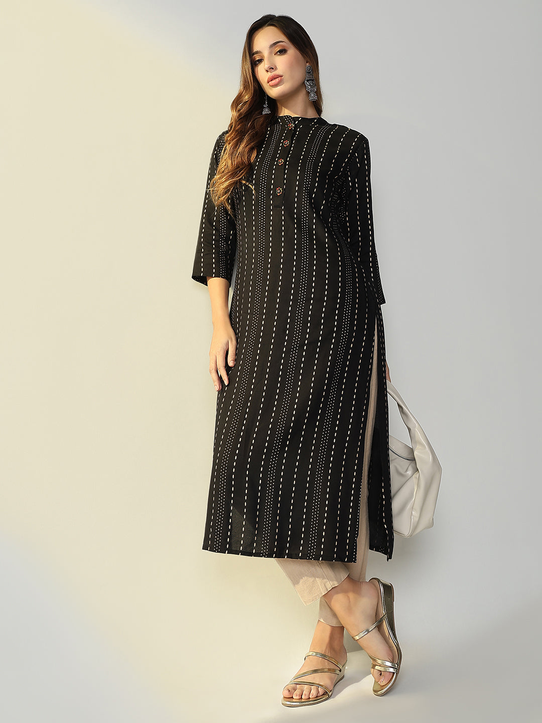 Women Black Striped Straight Kurta