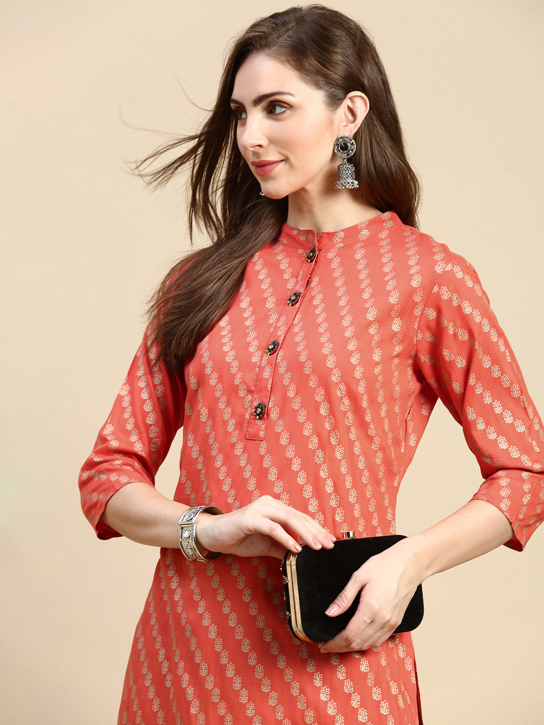 Women Floral Orange Straight Kurta