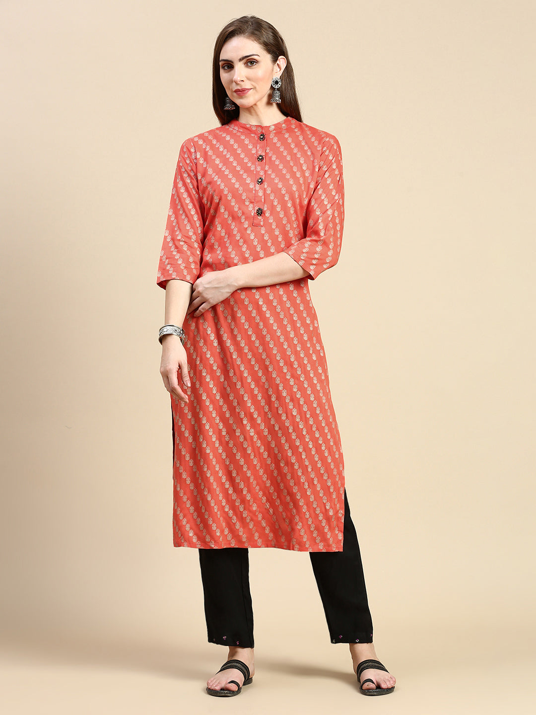 Women Floral Orange Straight Kurta