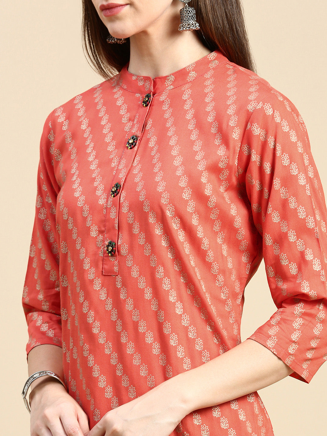 Women Floral Orange Straight Kurta