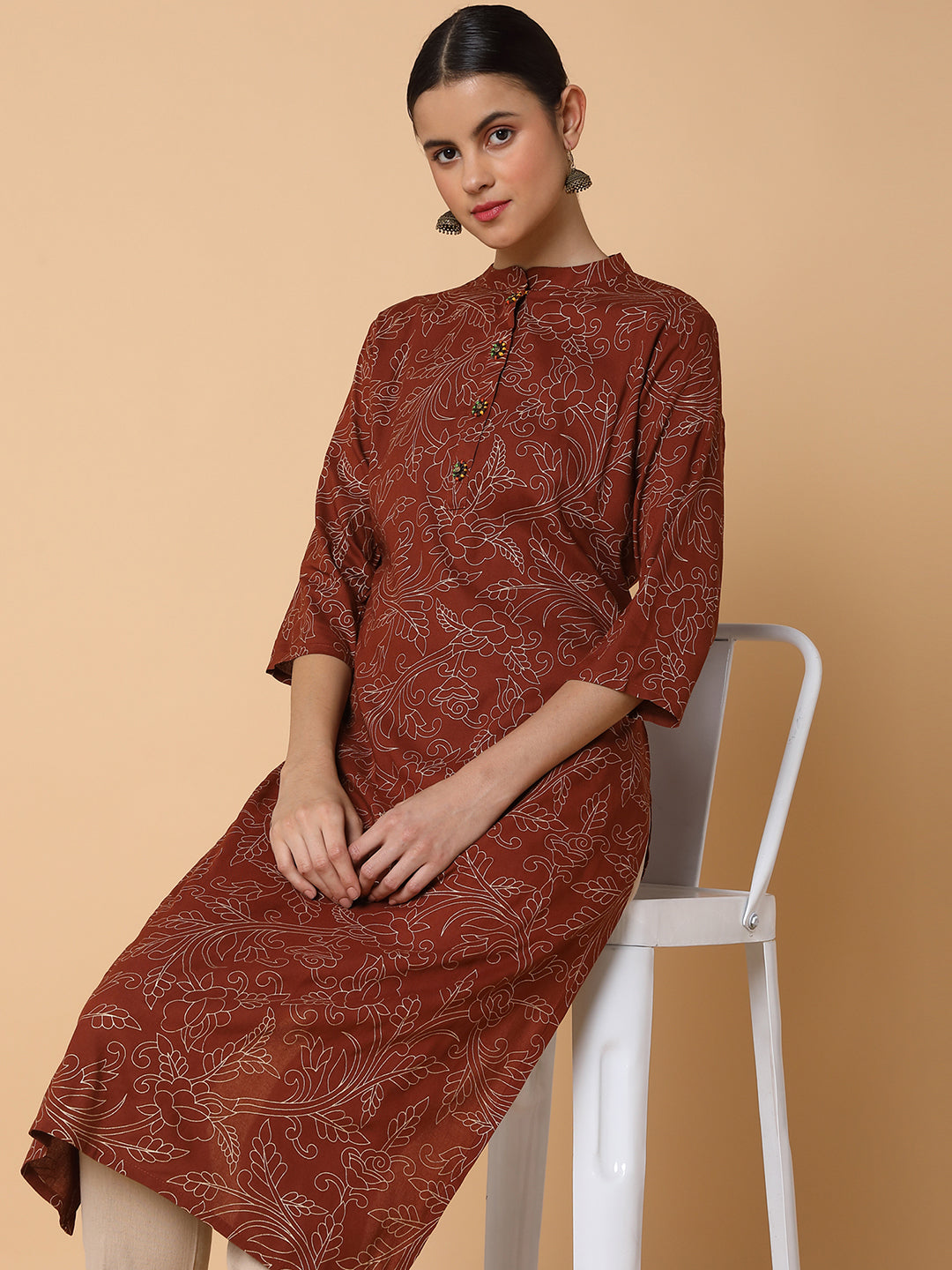 Women Floral Brown Straight Kurta