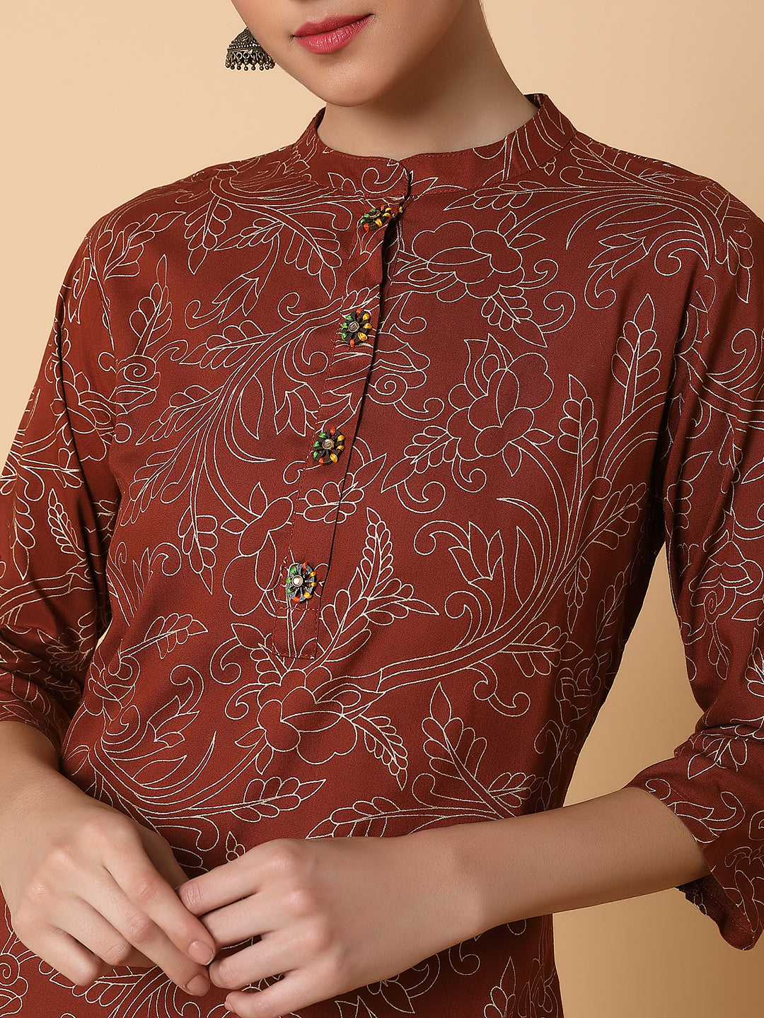 Women Floral Brown Straight Kurta