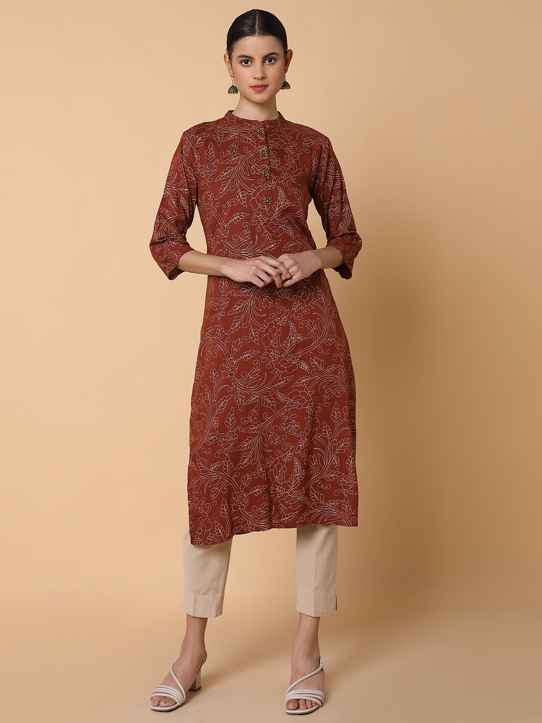 Women Floral Brown Straight Kurta