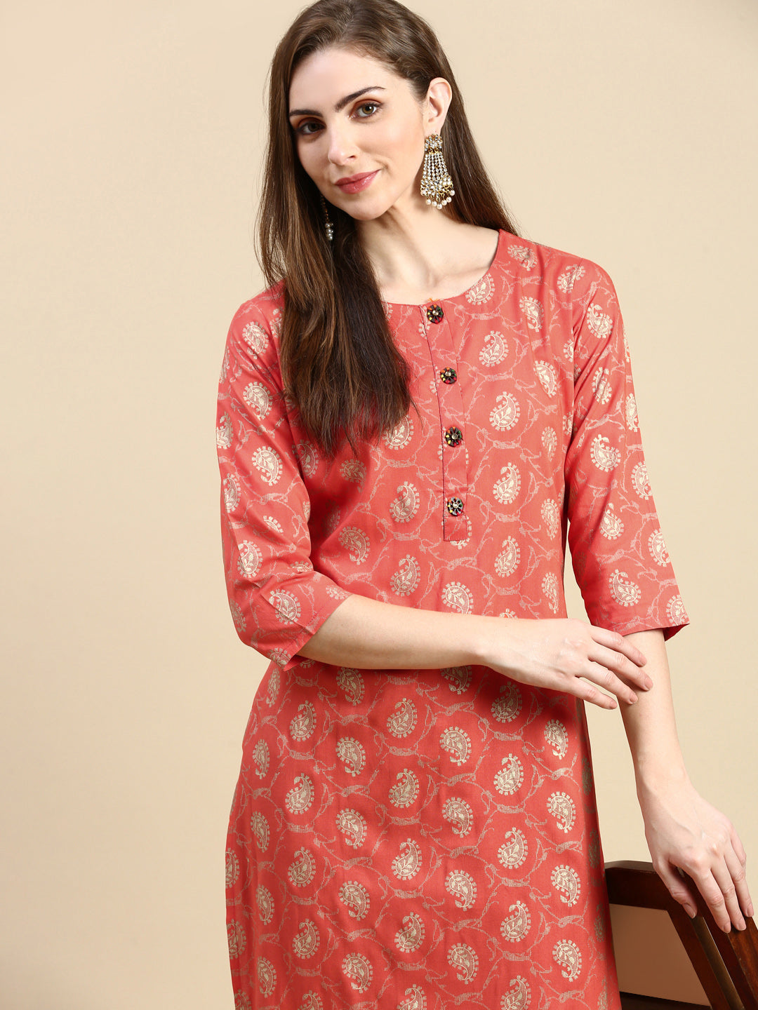 Women Paisley Orange Straight Kurta