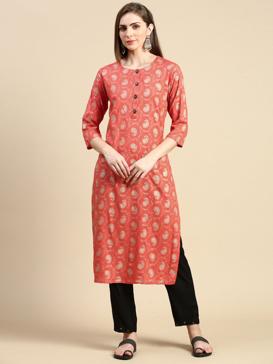 Women Paisley Orange Straight Kurta