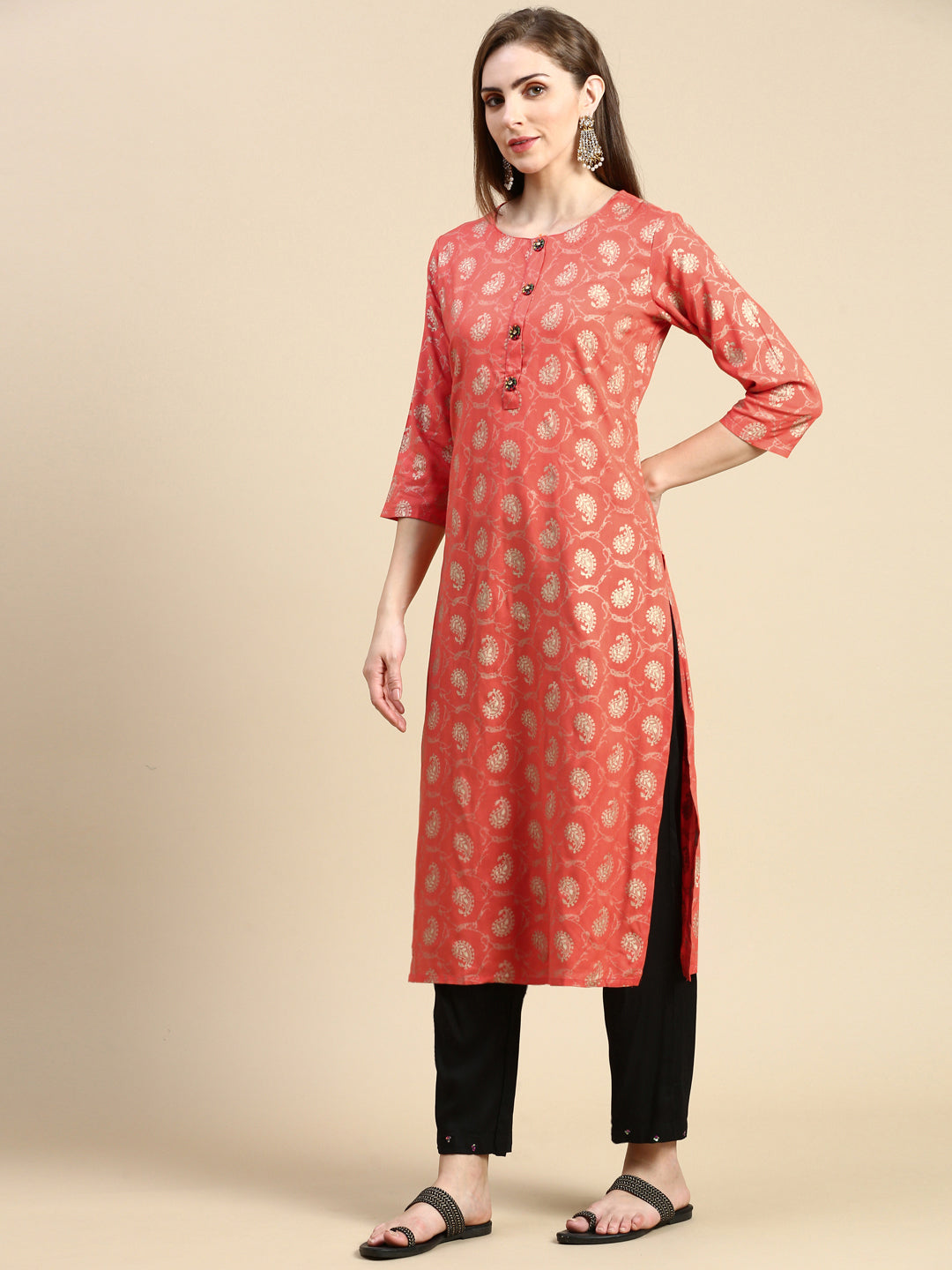 Women Paisley Orange Straight Kurta