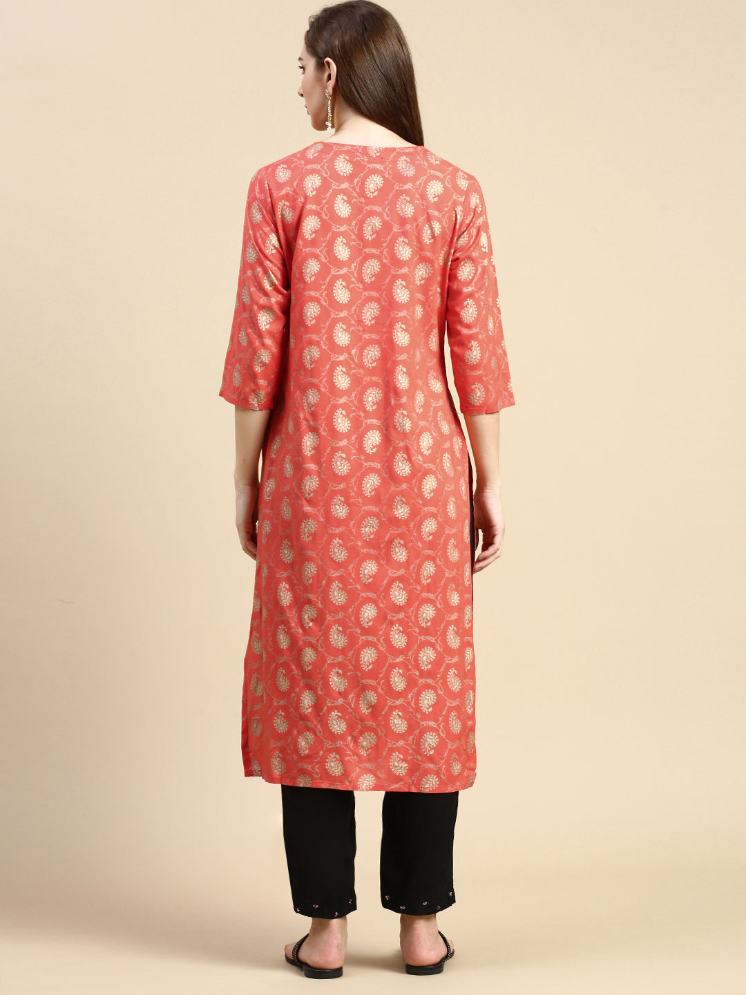 Women Paisley Orange Straight Kurta