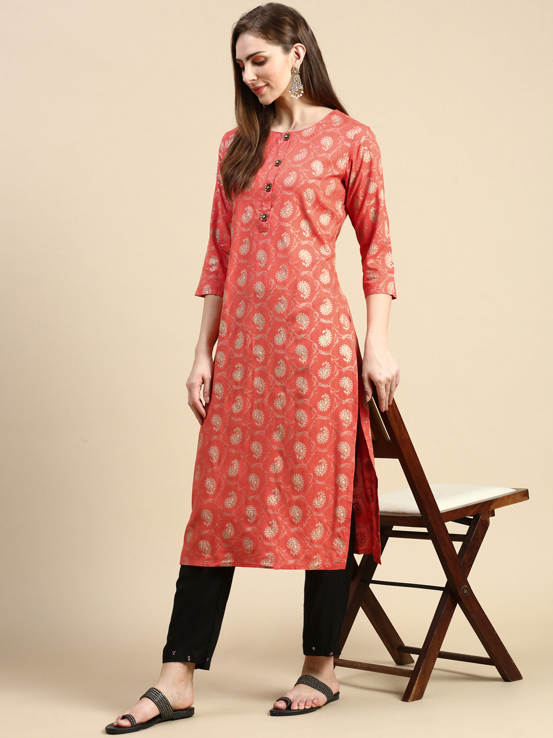 Women Paisley Orange Straight Kurta