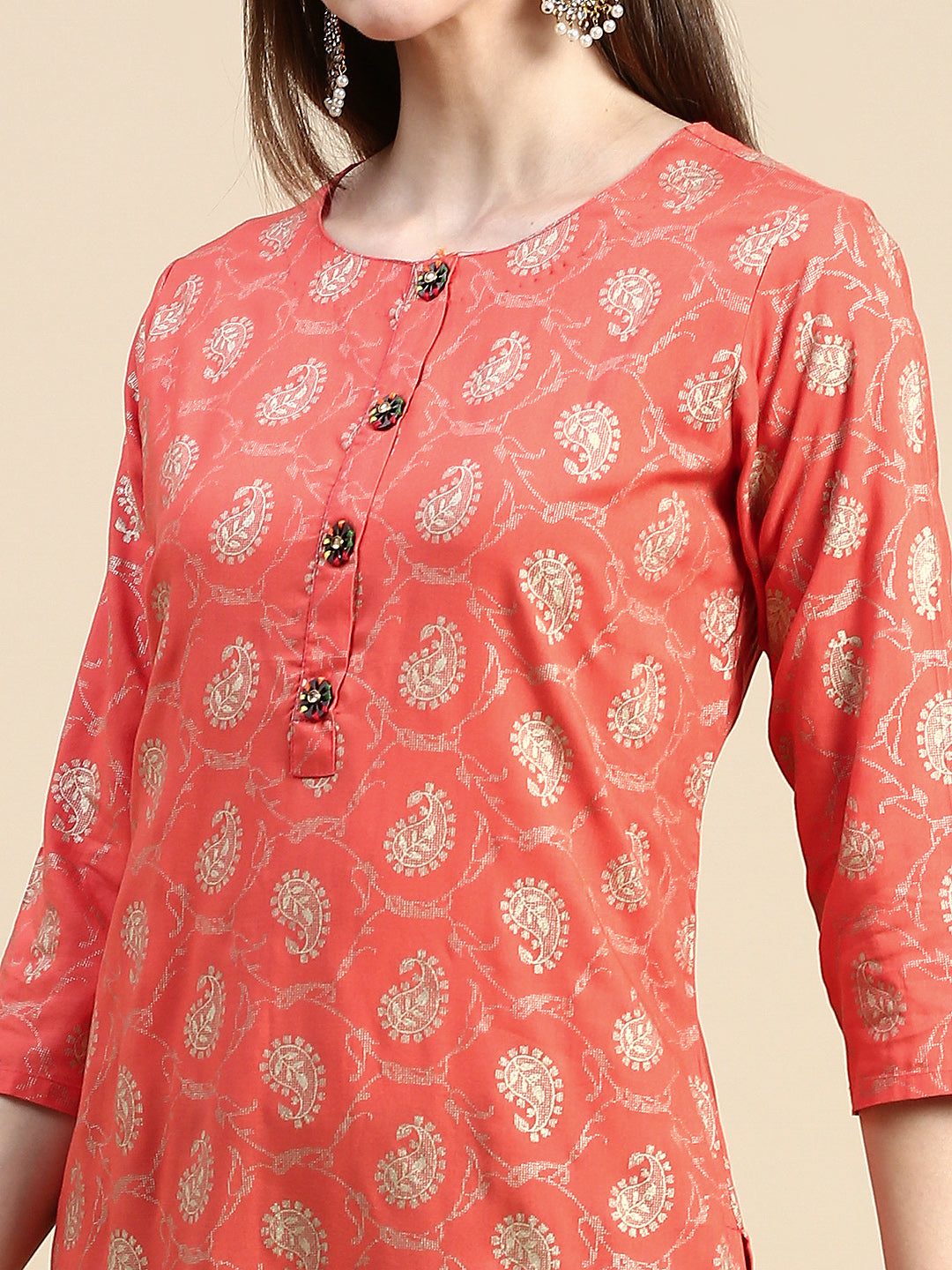 Women Paisley Orange Straight Kurta