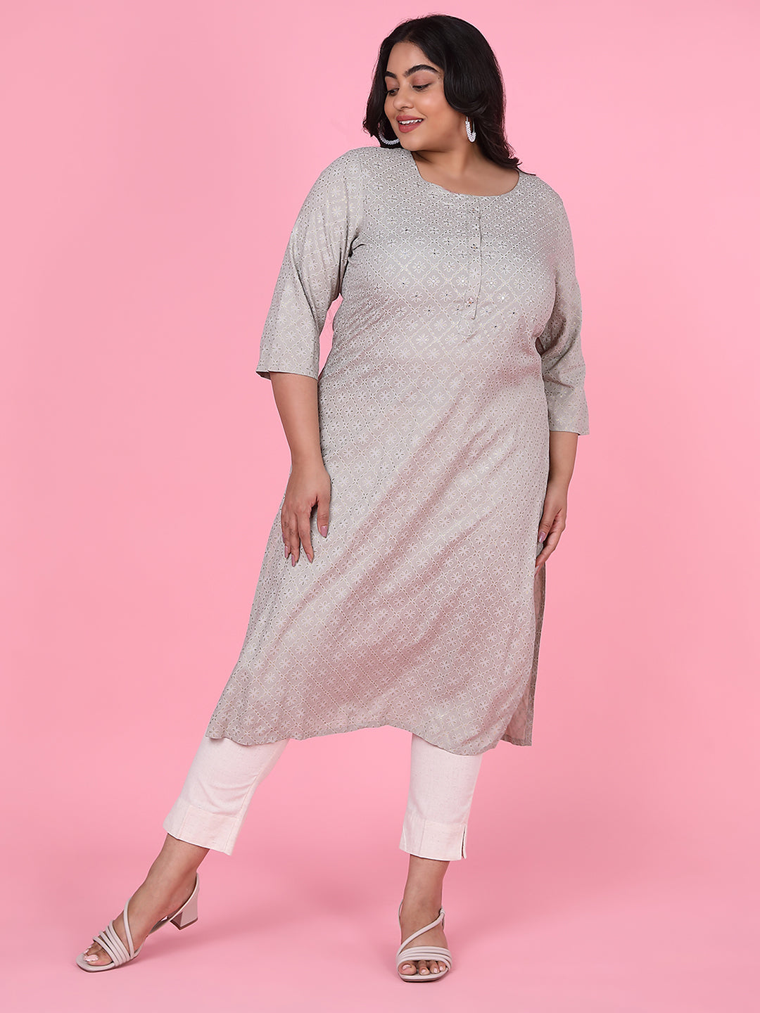 Women Grey Floral Straight Kurta