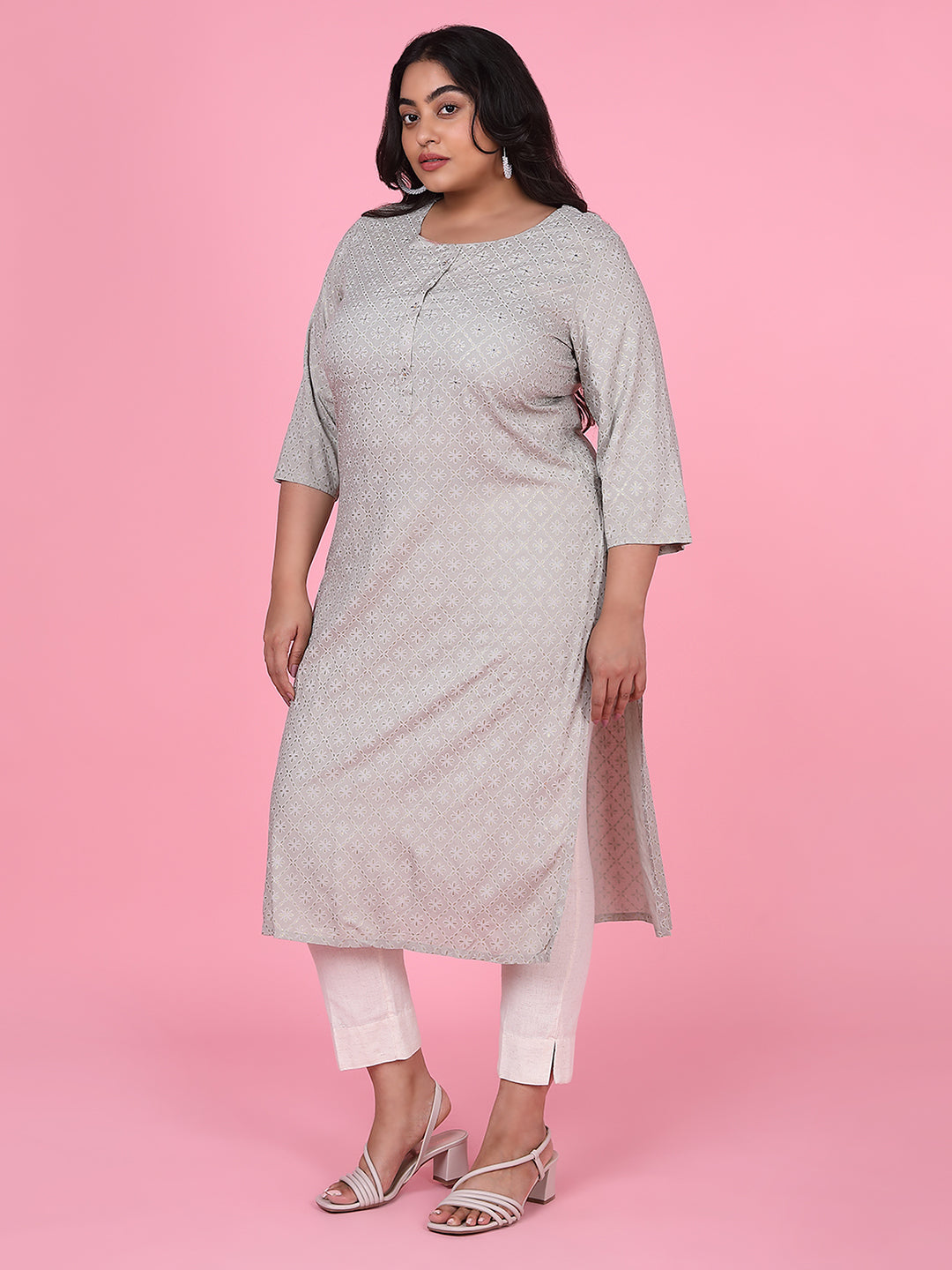 Women Grey Floral Straight Kurta