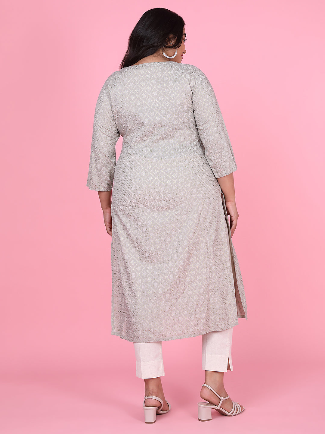 Women Grey Floral Straight Kurta