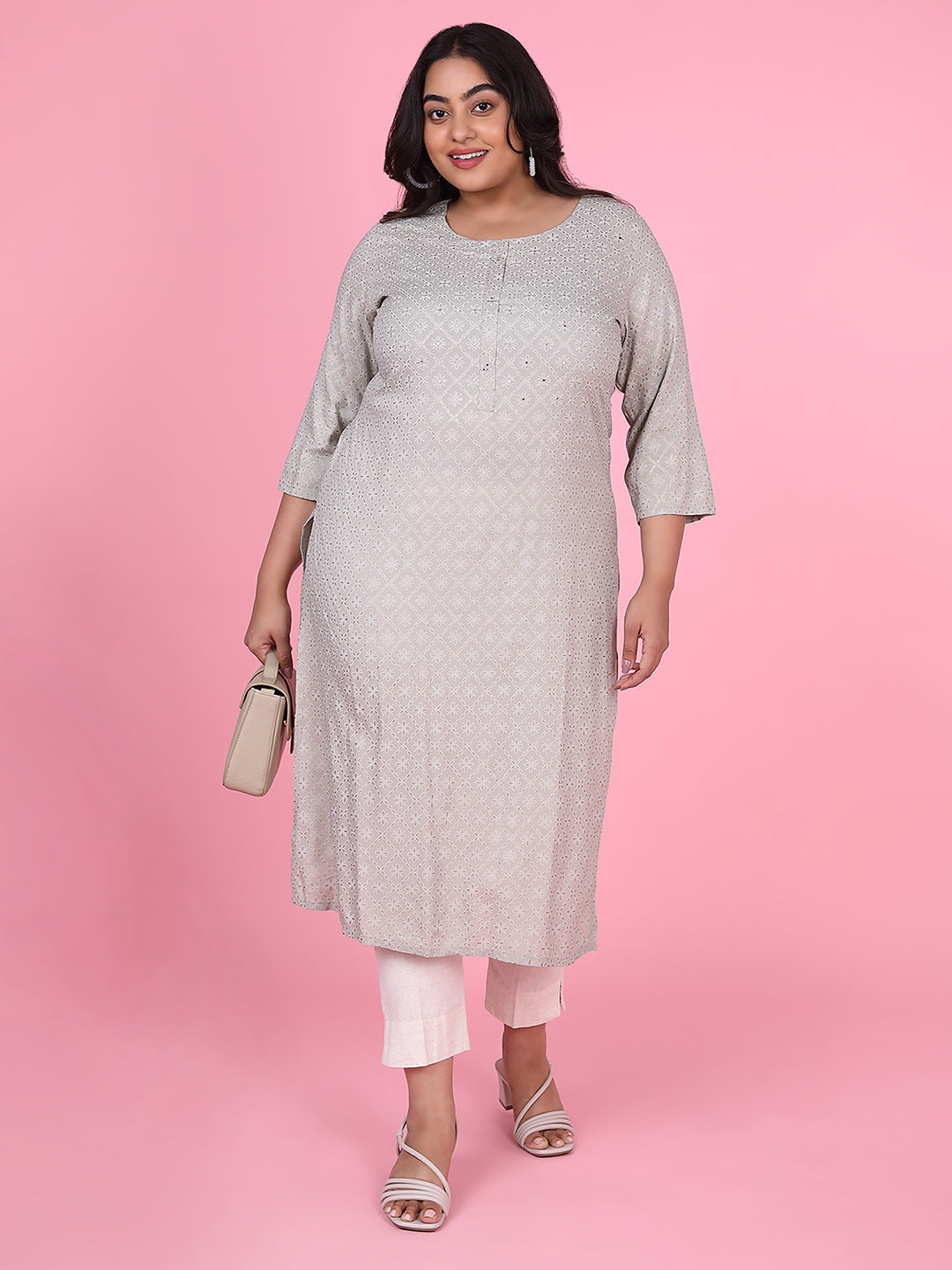 Women Grey Floral Straight Kurta