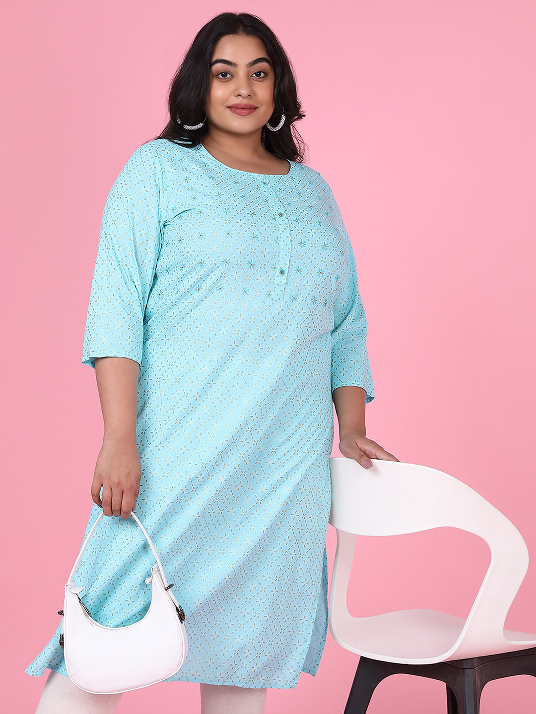 Women Blue Floral Straight Kurta