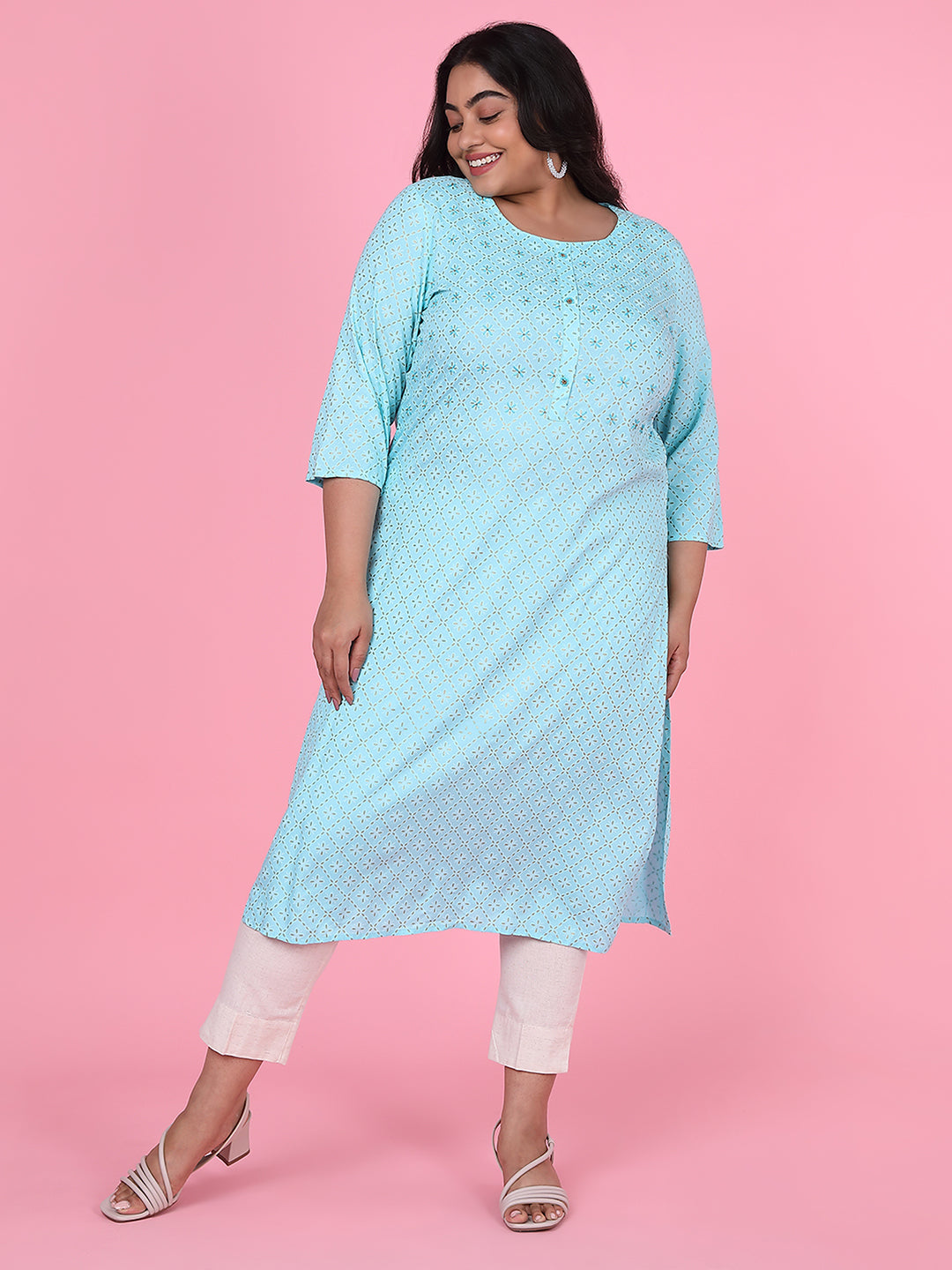 Women Blue Floral Straight Kurta