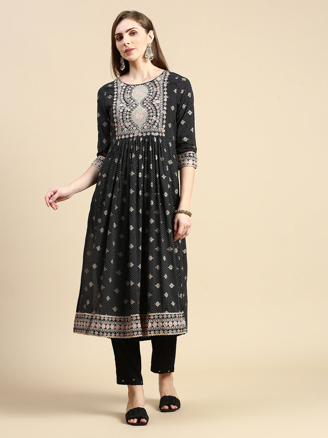 Women Floral Black Anarkali Kurta