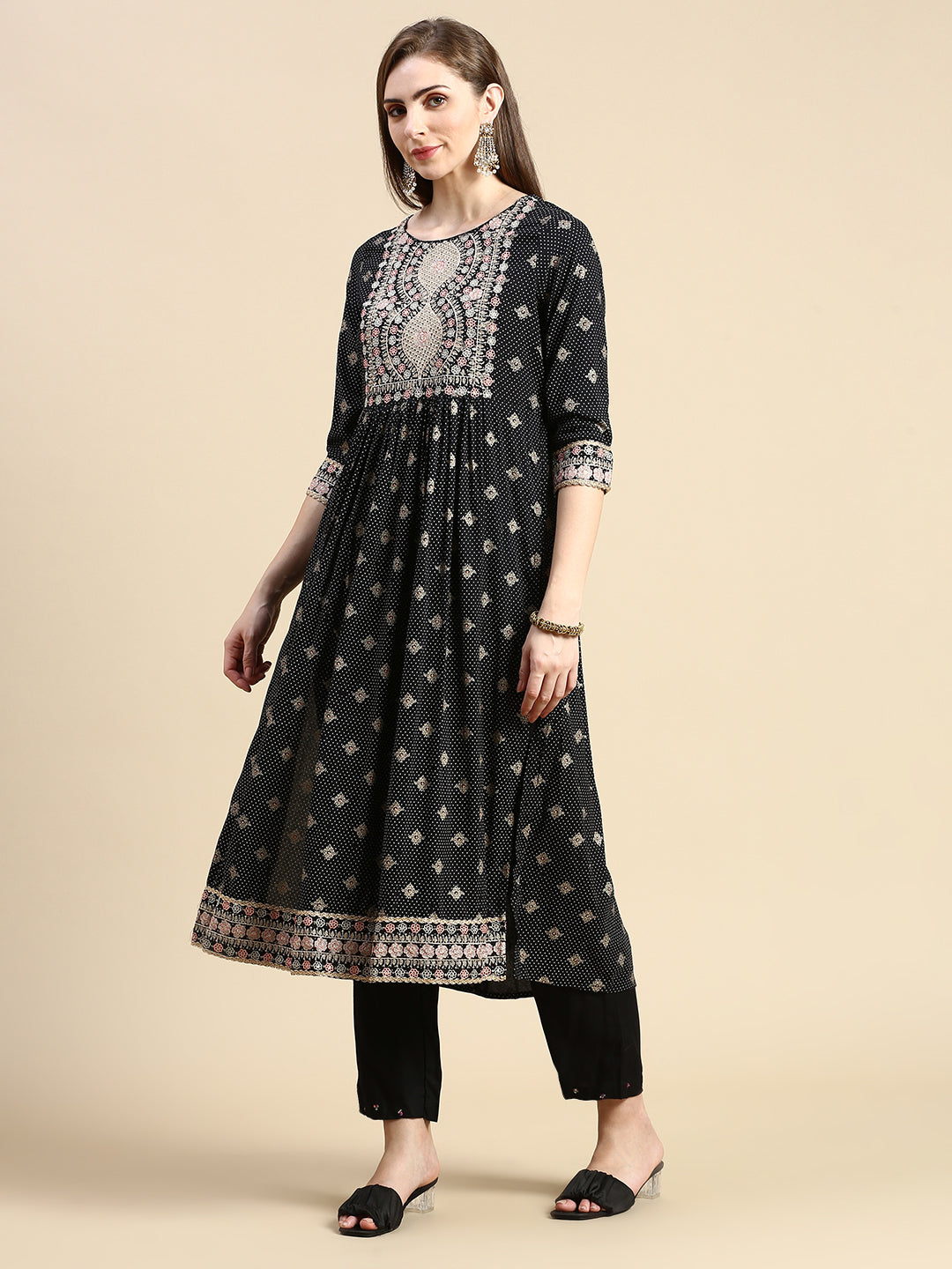 Women Floral Black Anarkali Kurta