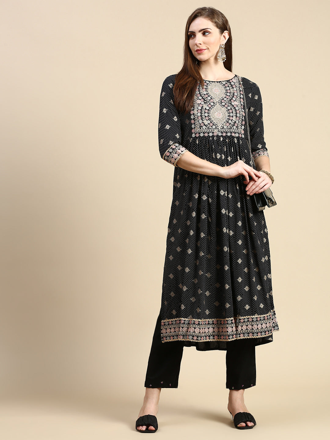 Women Floral Black Anarkali Kurta