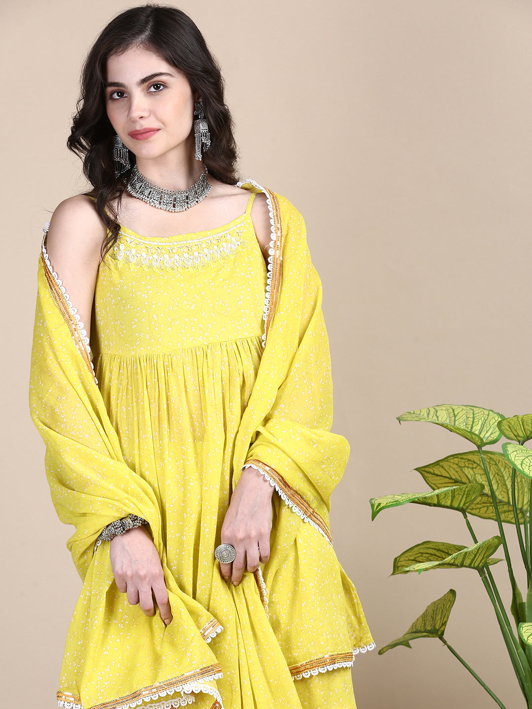 Women Yellow Floral Kurta Set with Dupatta and Potli Bag