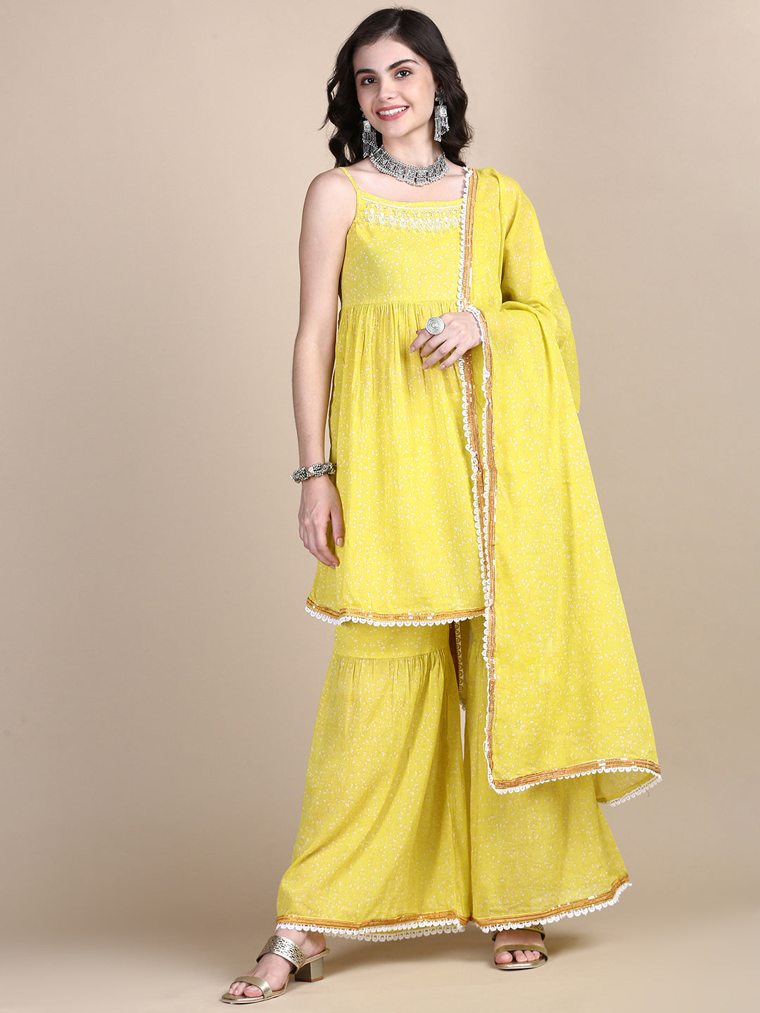 Women Yellow Floral Kurta Set with Dupatta and Potli Bag