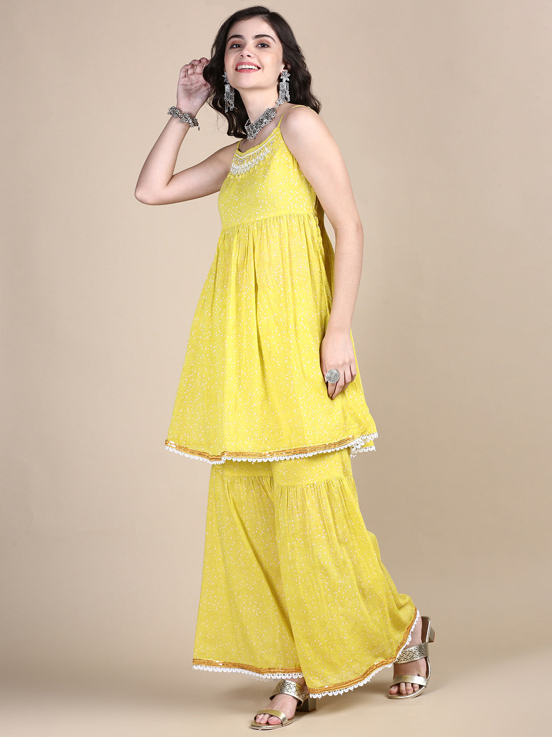 Women Yellow Floral Kurta Set with Dupatta and Potli Bag