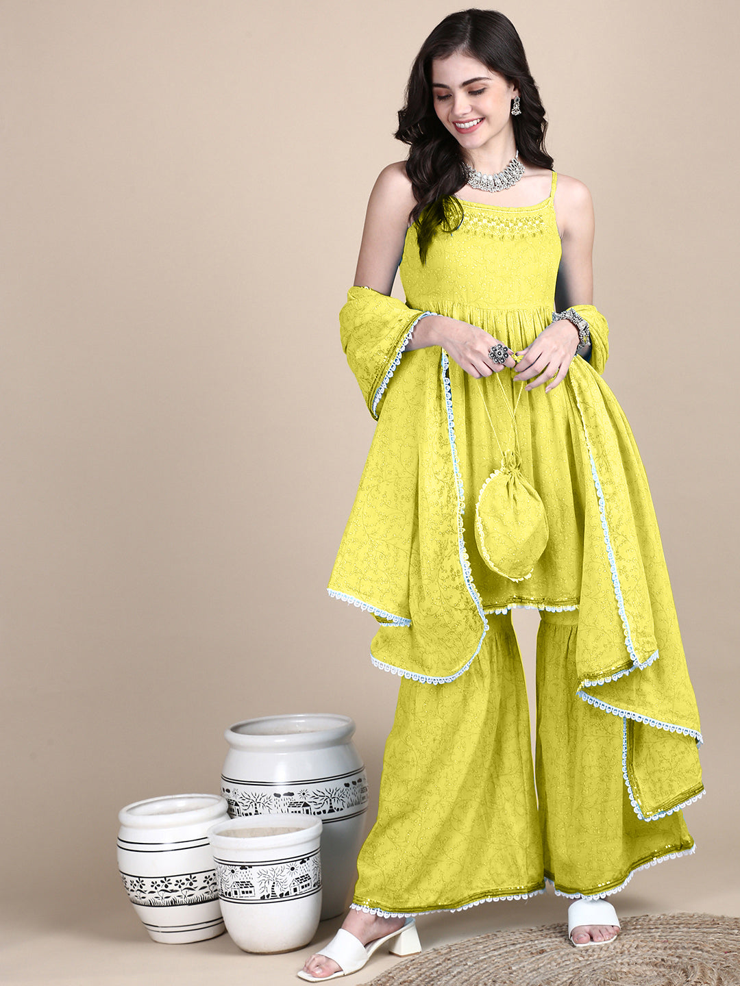 Women Yellow Floral Kurta Set with Dupatta and Potli Bag