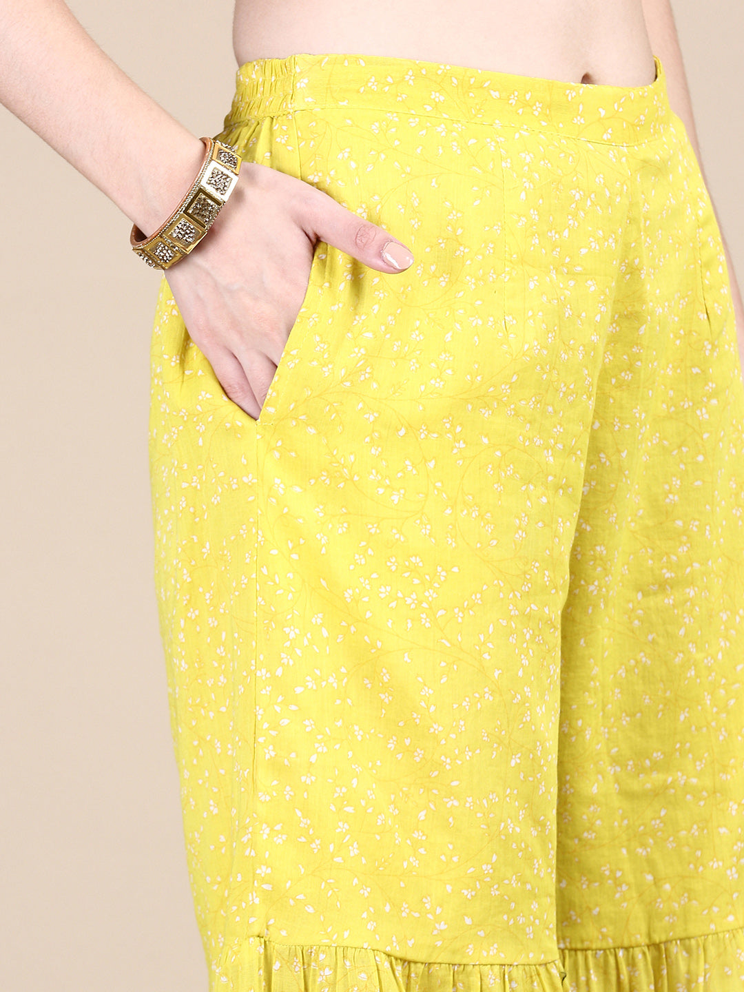 Women Yellow Floral Kurta Set with Dupatta and Potli Bag