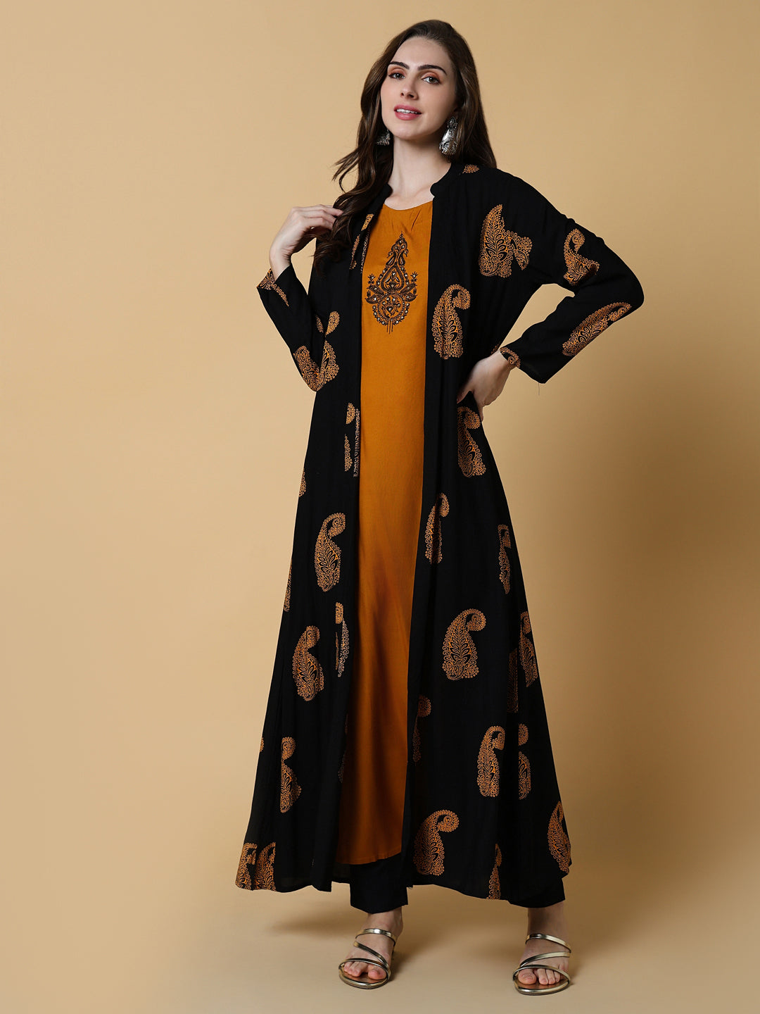 Women Mustard Graphic A-Line Kurta with Shrug