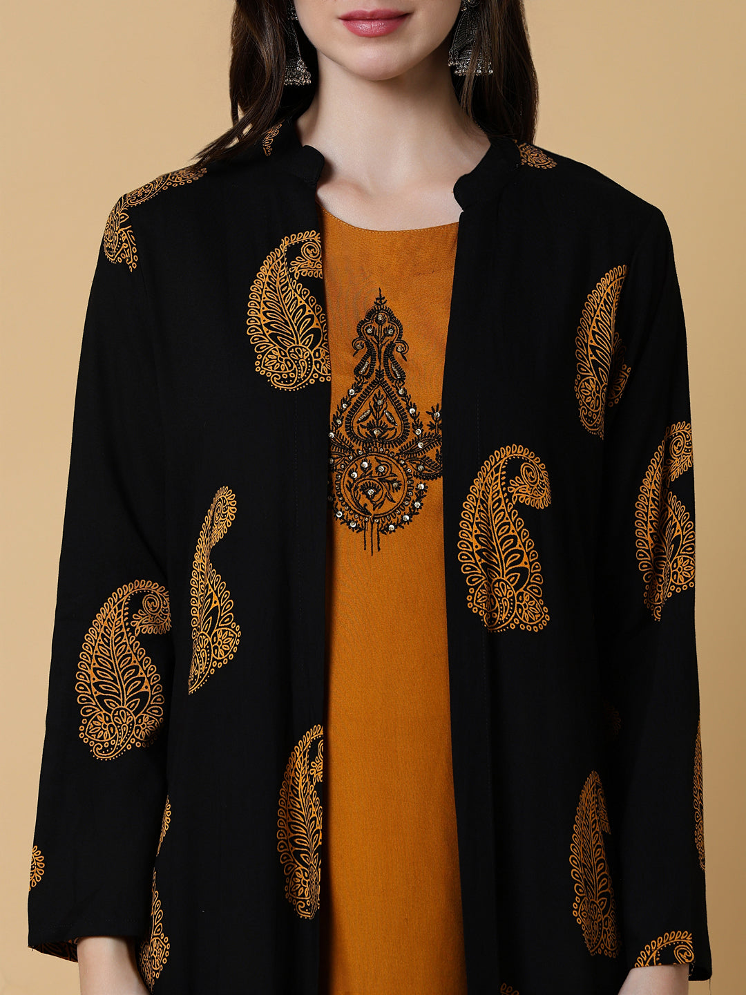 Women Mustard Graphic A-Line Kurta with Shrug