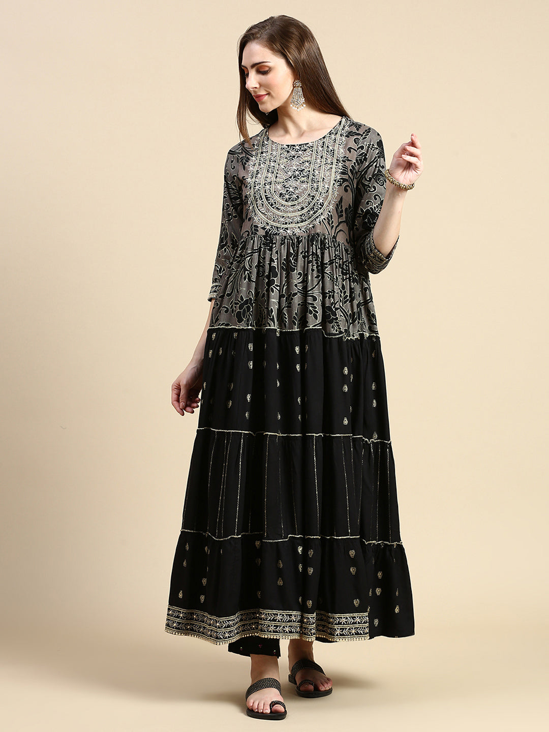 Women Black Floral Anarkali Kurta