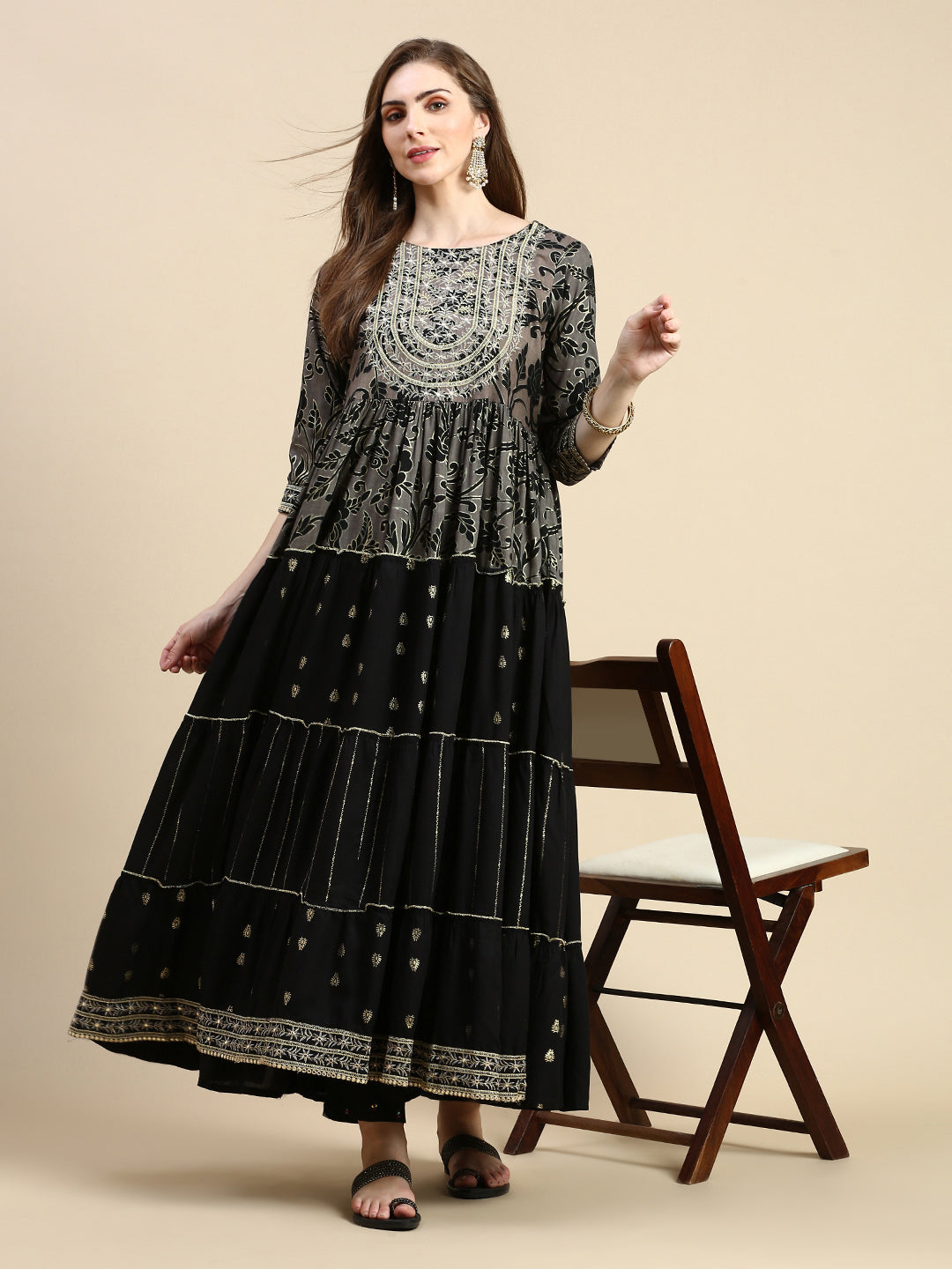 Women Black Floral Anarkali Kurta