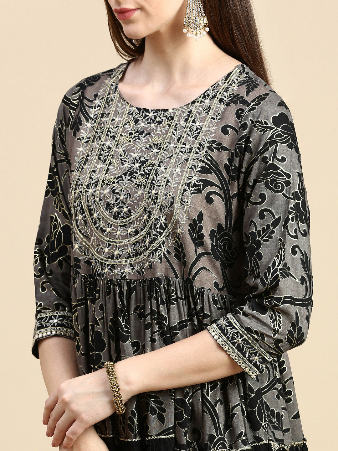 Women Black Floral Anarkali Kurta