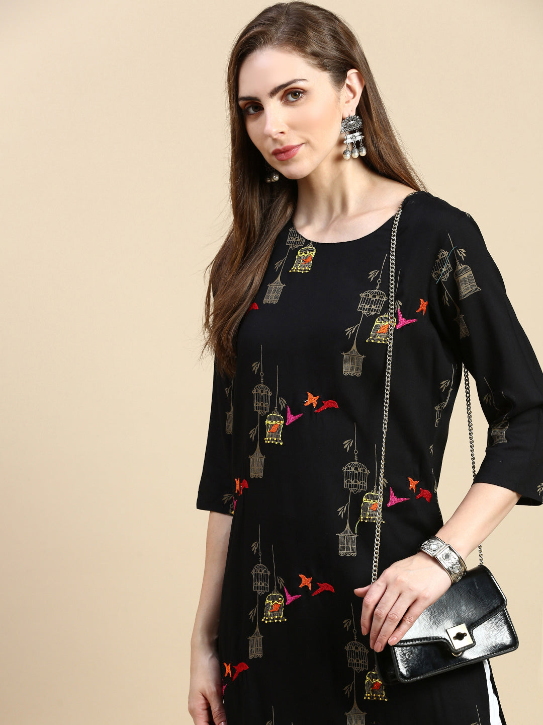 Women Ethnic Motifs Black Straight Kurta