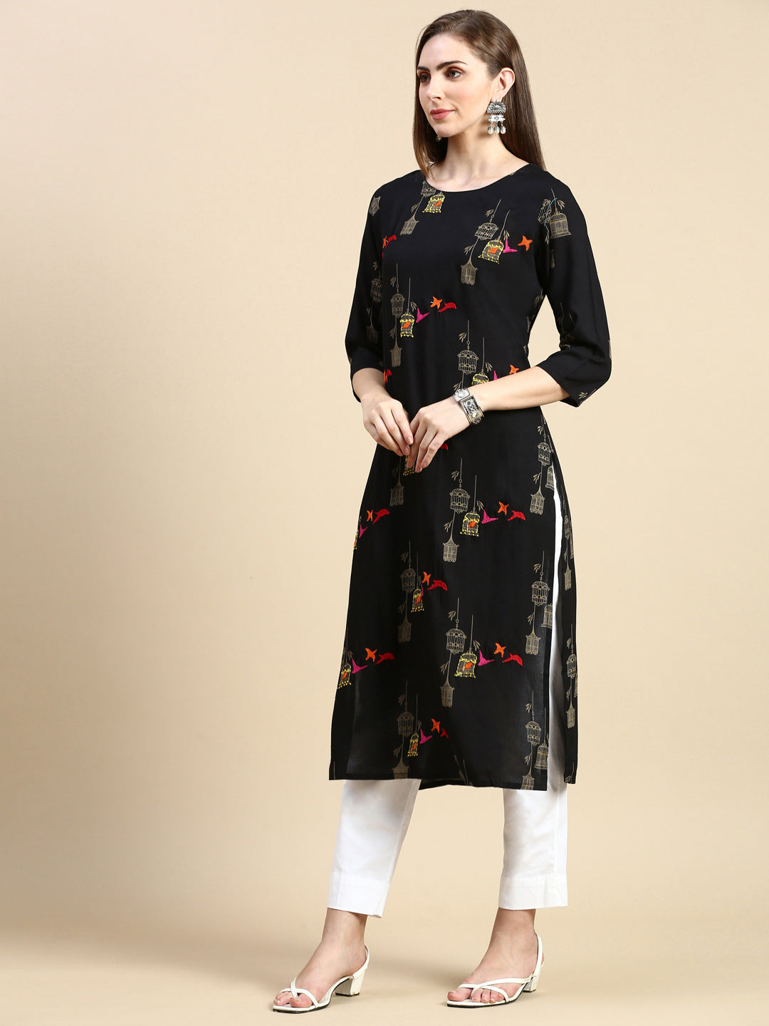 Women Ethnic Motifs Black Straight Kurta