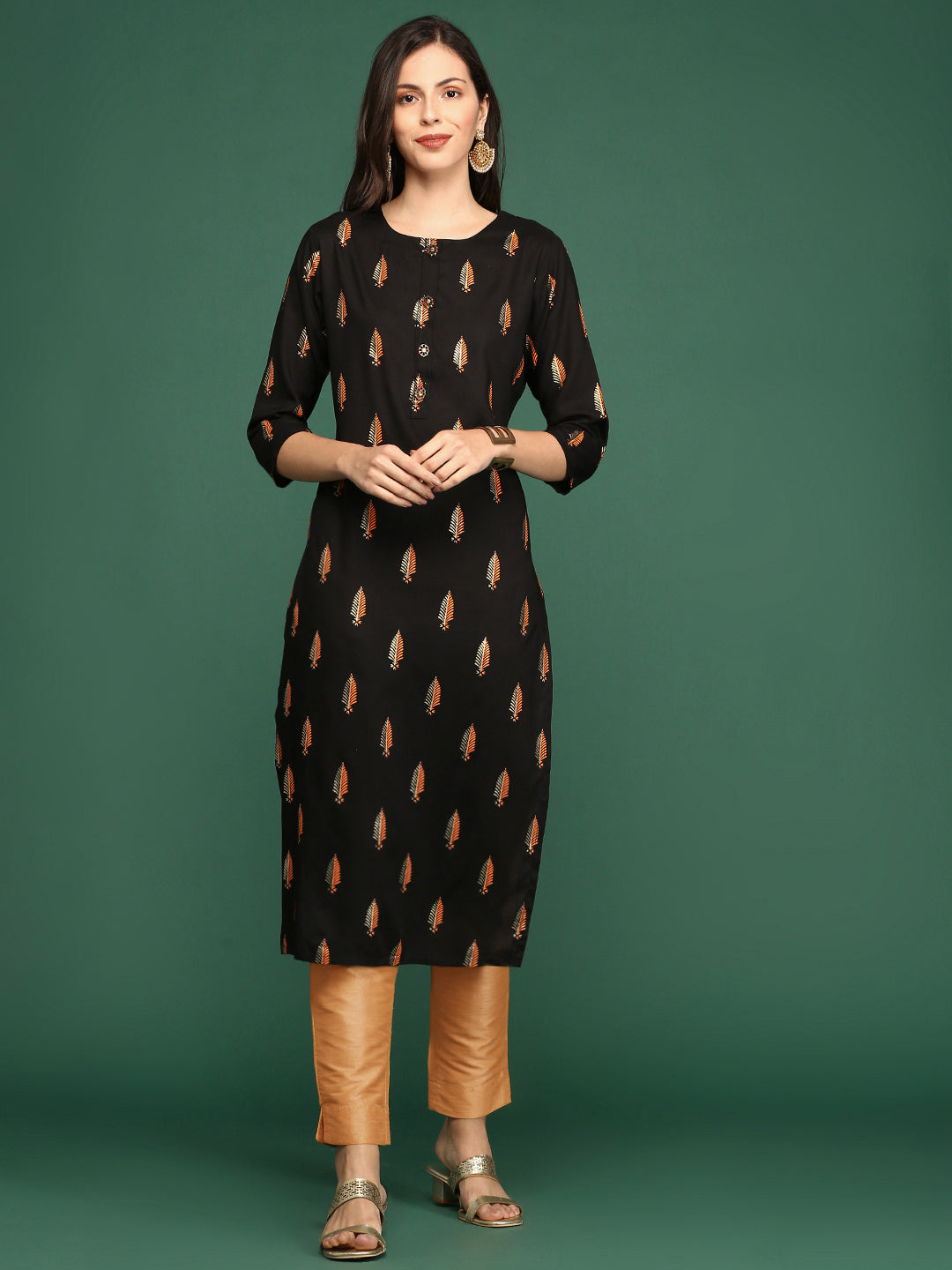 Women Black Floral Straight Kurta