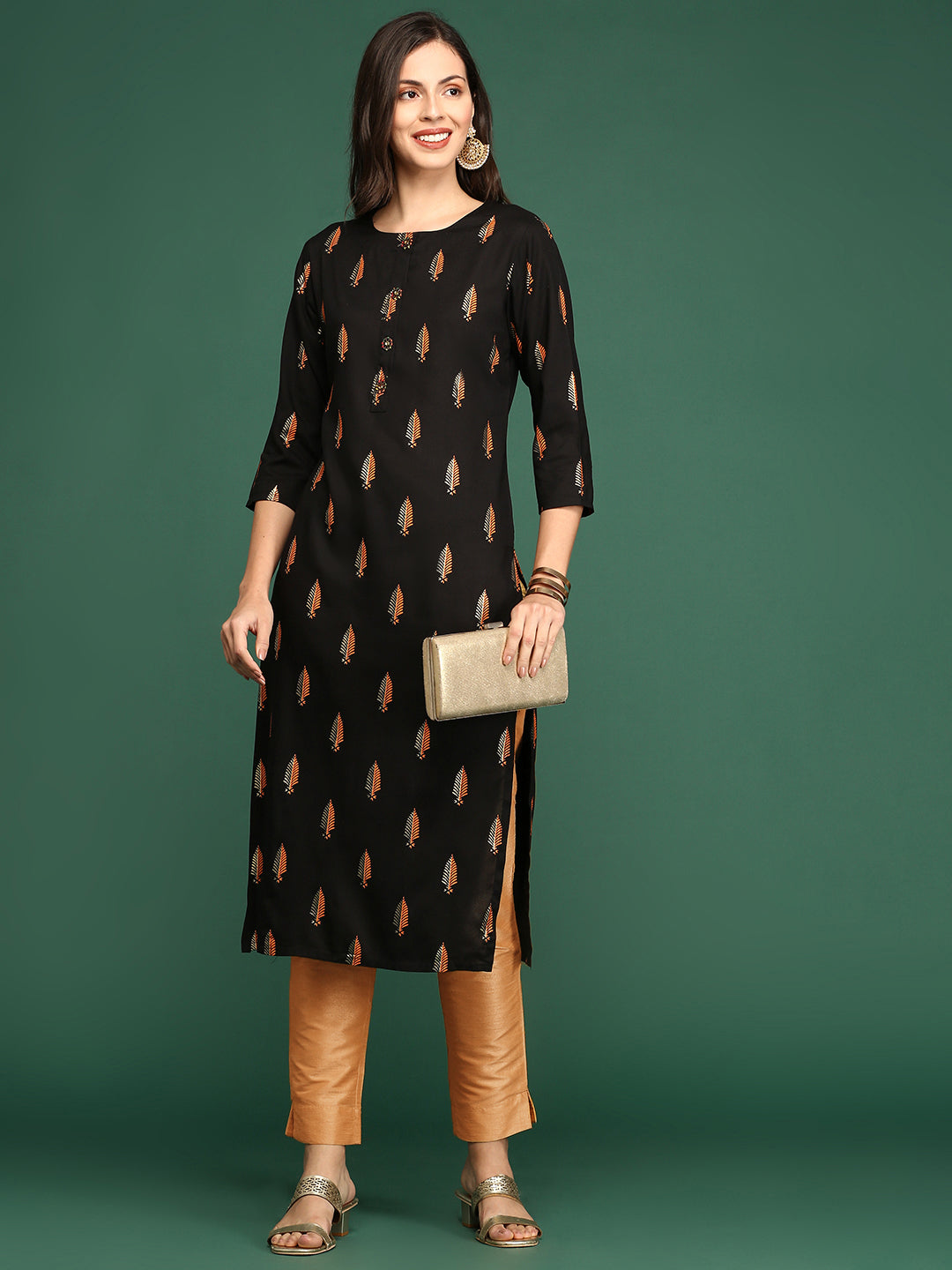 Women Black Floral Straight Kurta