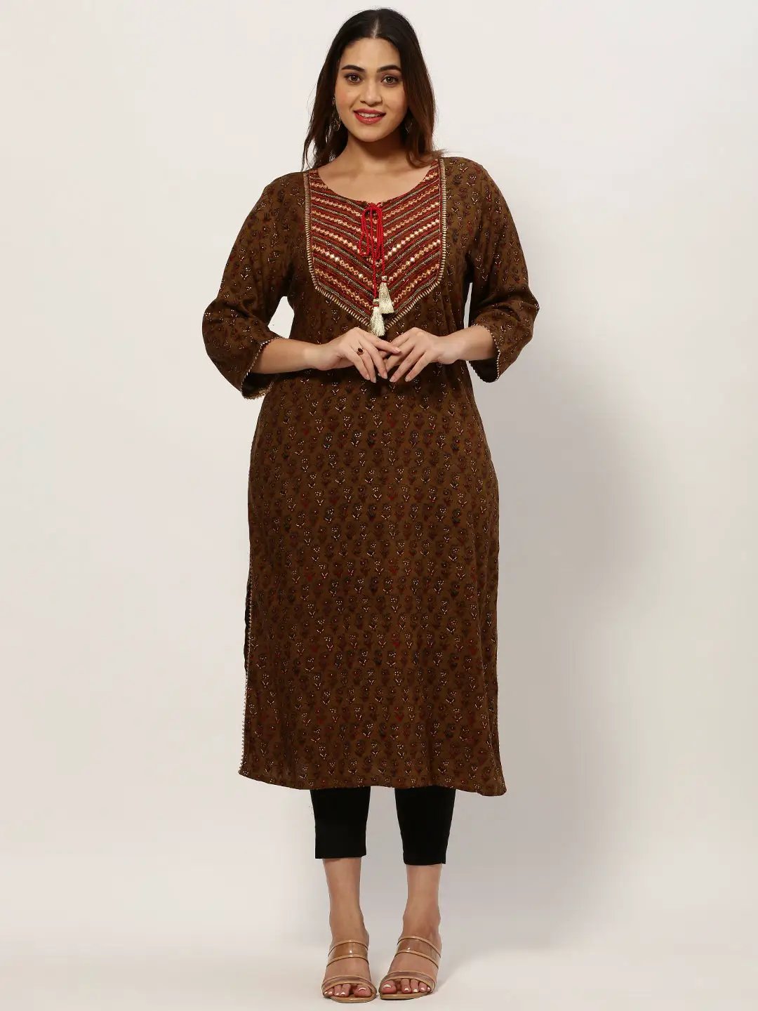 Women's Straight Olive Ethnic Motifs Kurta