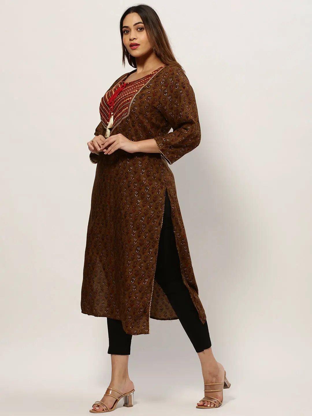 Women's Straight Olive Ethnic Motifs Kurta
