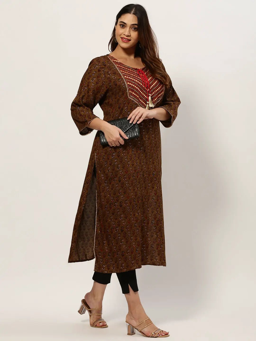 Women's Straight Olive Ethnic Motifs Kurta