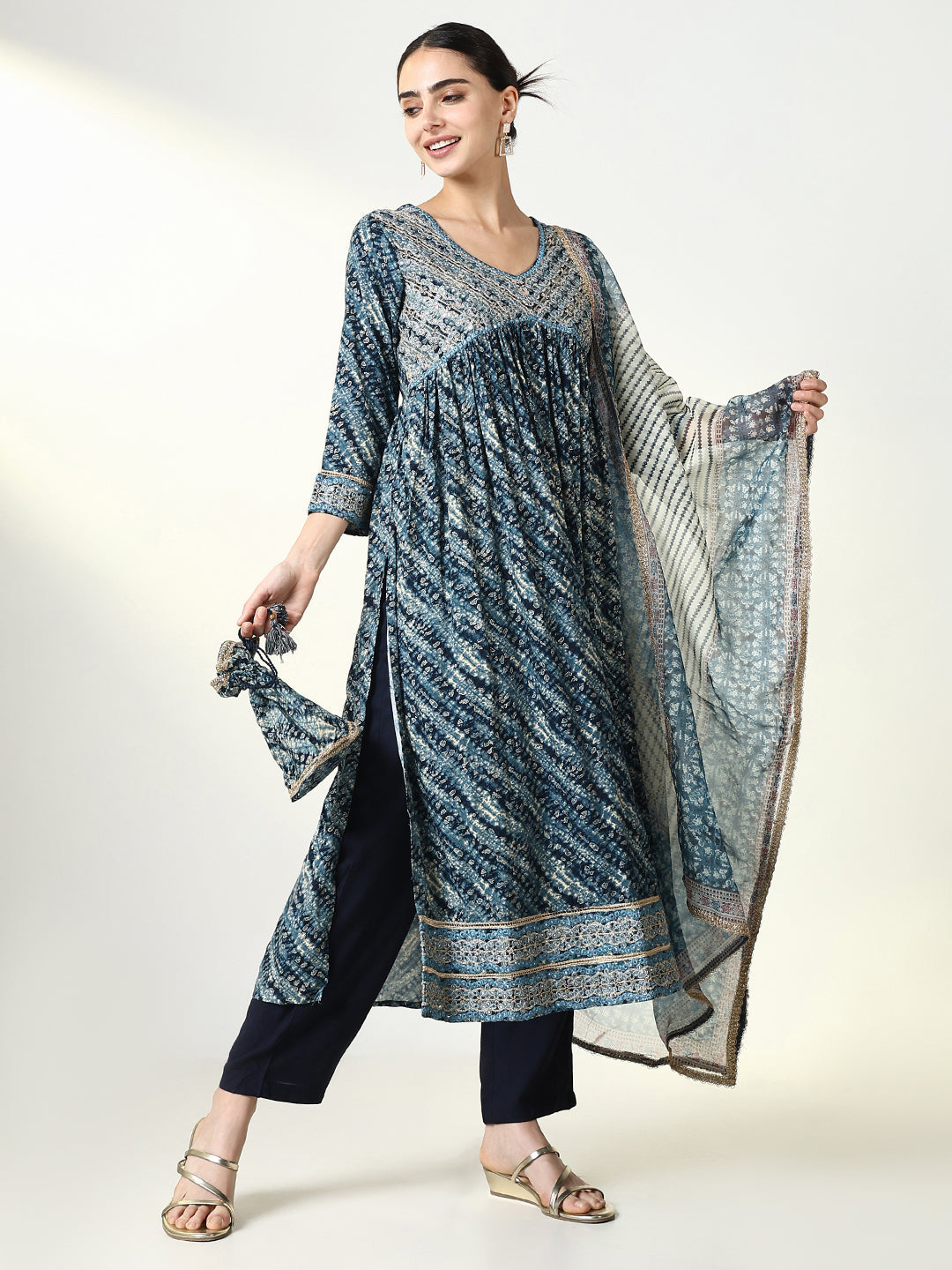 Women Abstract Navy Blue Kurta Set with Dupatta