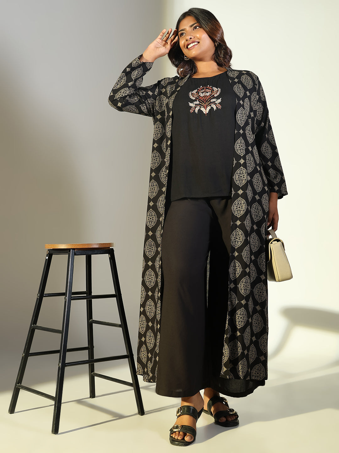 Women Black Solid Straight Kurta Set with Overcoat