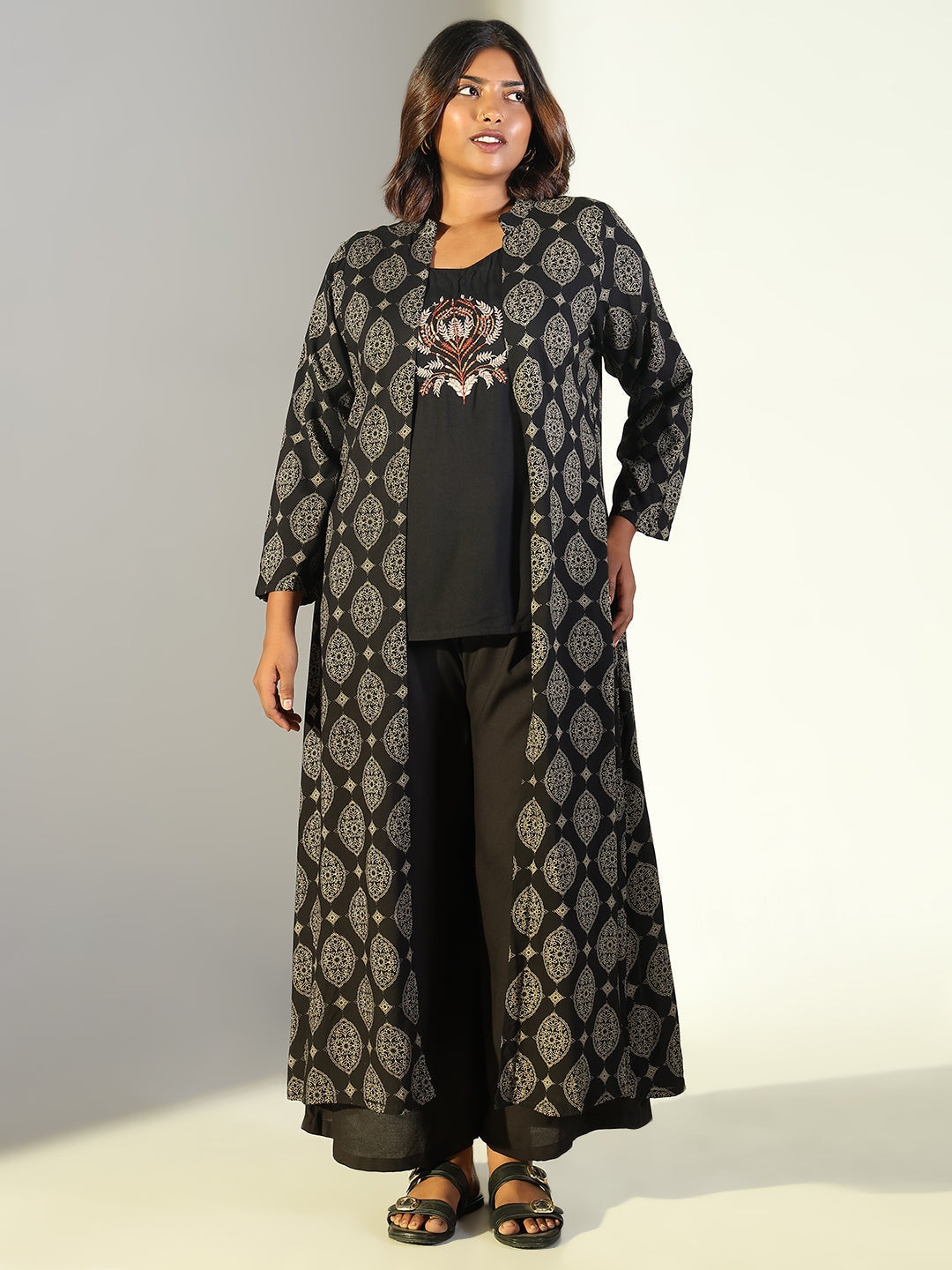 Women Black Solid Straight Kurta Set with Overcoat