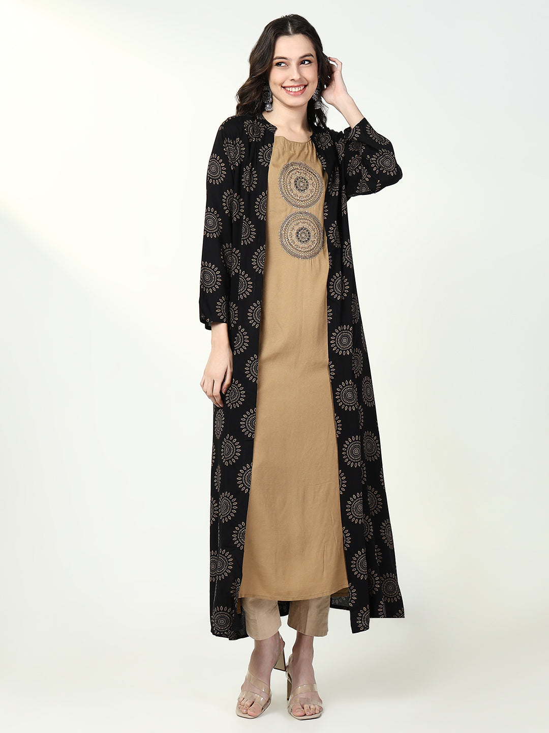 Women Beige Solid A Line Kurta with Coat