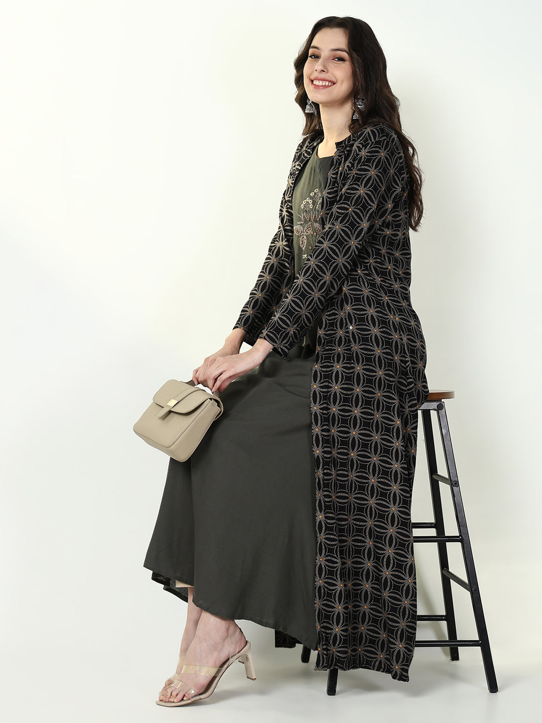 Women Green Solid A Line Kurta with Coat