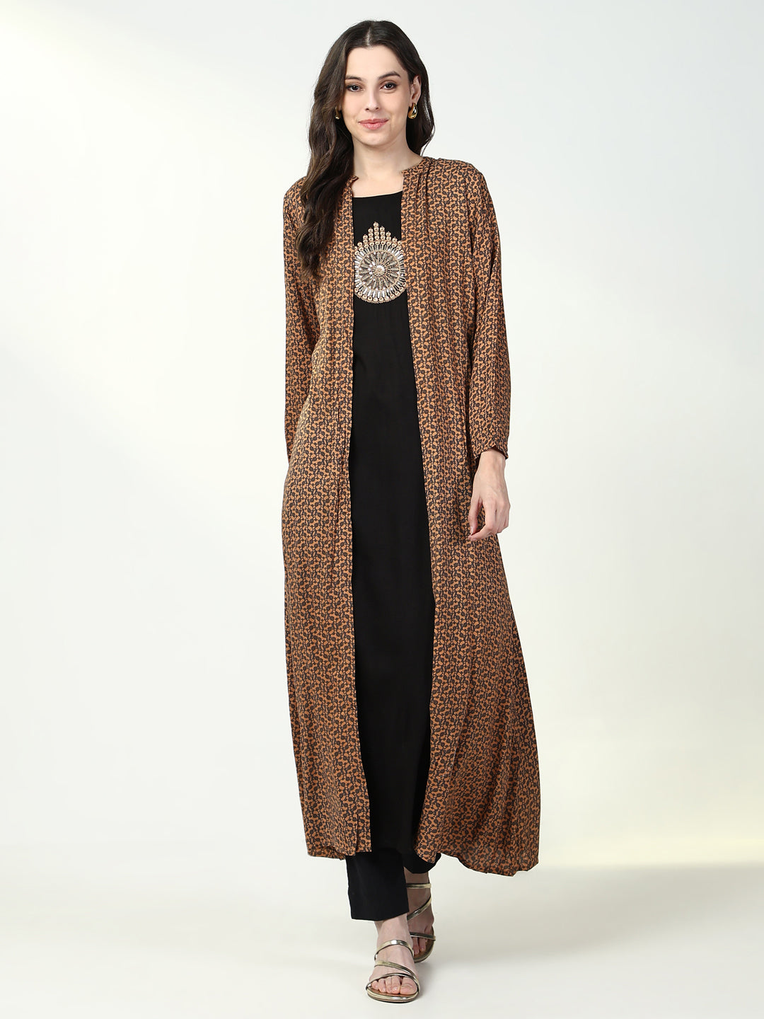 Women Black Solid A Line Kurta with Coat