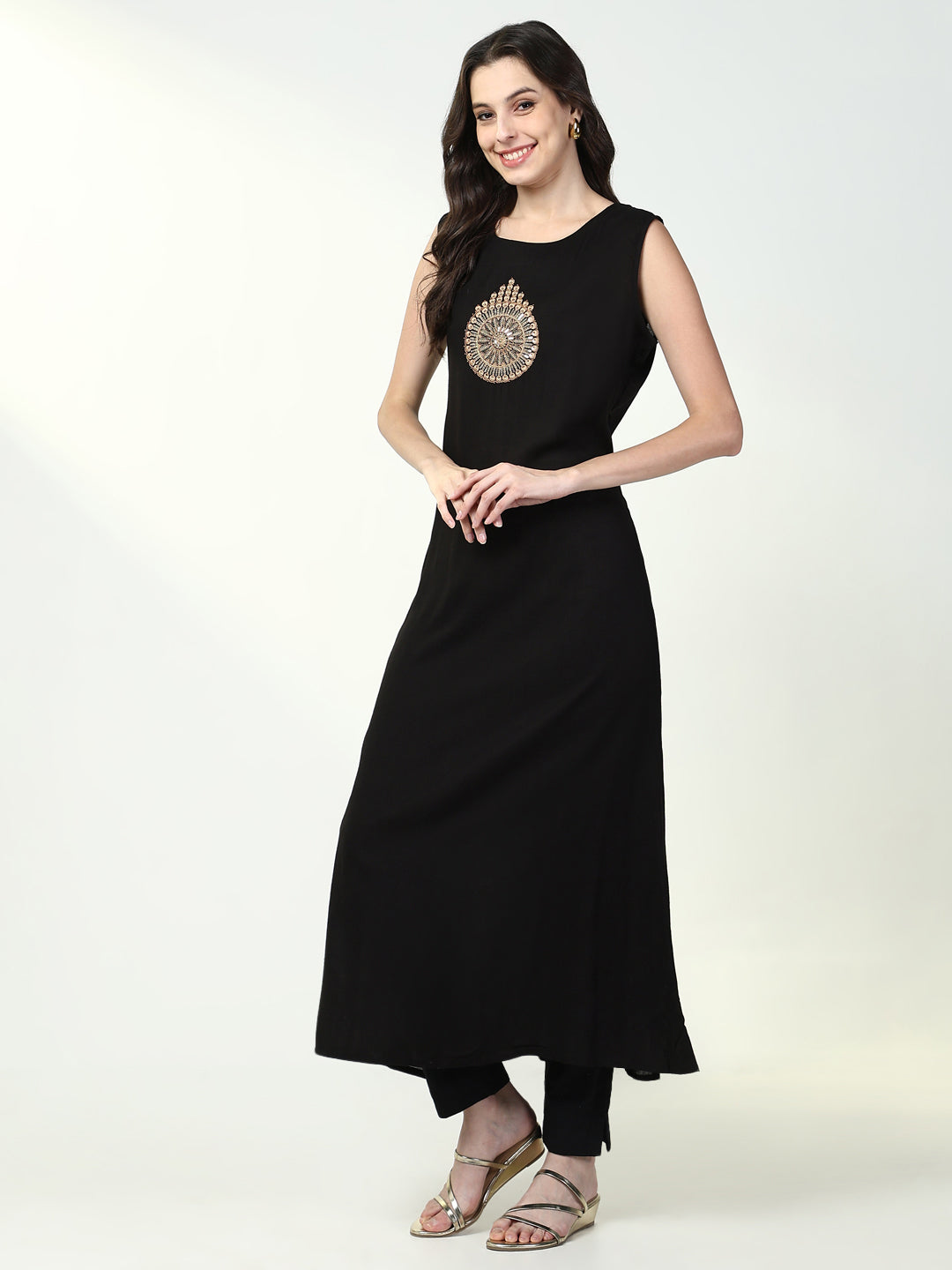 Women Black Solid A Line Kurta with Coat